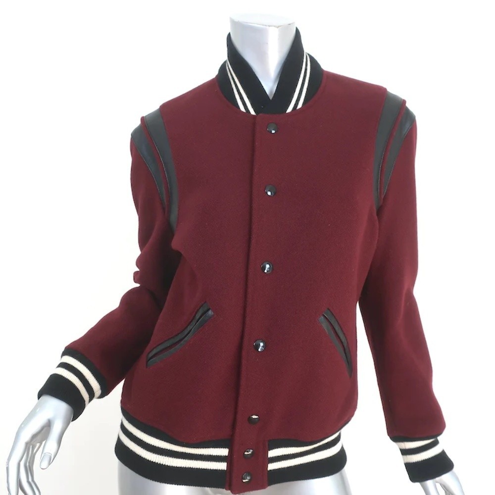 Saint Laurent Teddy Bomber Jacket Leather-Trim Burgundy Wool Size 46 - Picture 1 of 8
